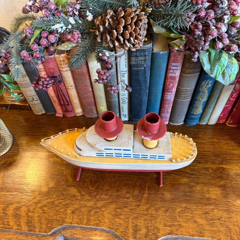 Unique Hand carved Wooden Ship Candle Holder 12.5" Long - Picture 7 of 17